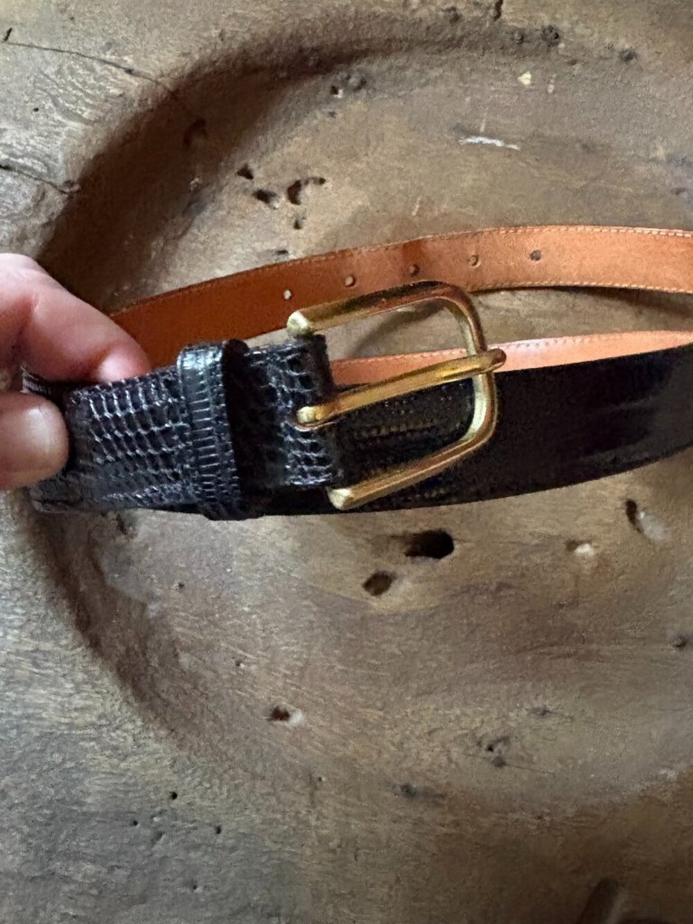 Vtg Brighton black lizard skin full-grain saddle cowhide women's belt size 34